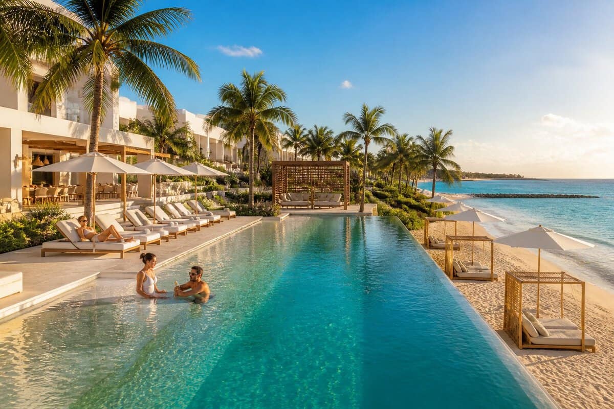 Luxury adults-only beachfront resort in Cancun with a pool, tropical gardens, loungers, and the Caribbean Sea.