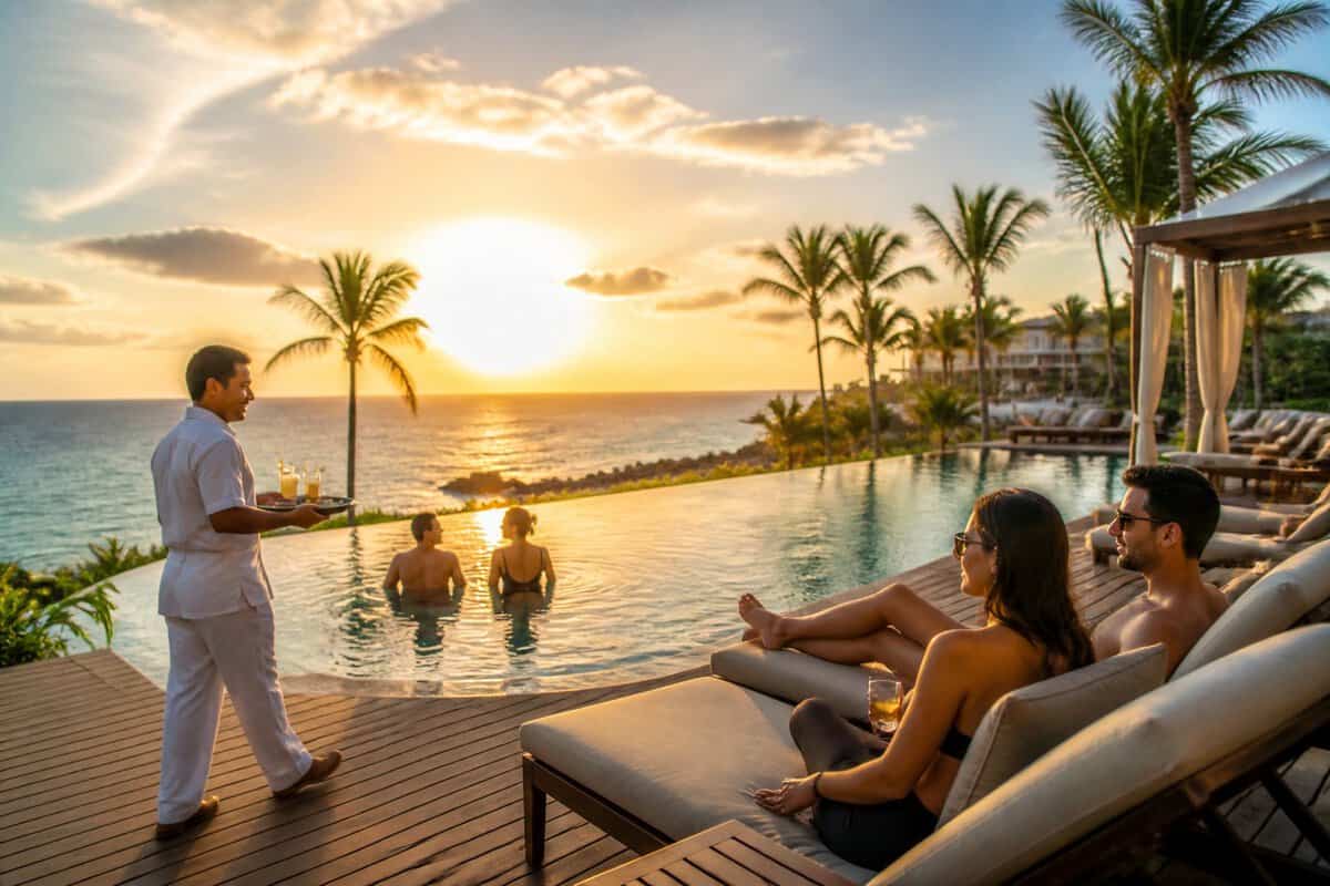 Adults relaxing at a luxurious Cancun resort pool overlooking the Caribbean Sea.