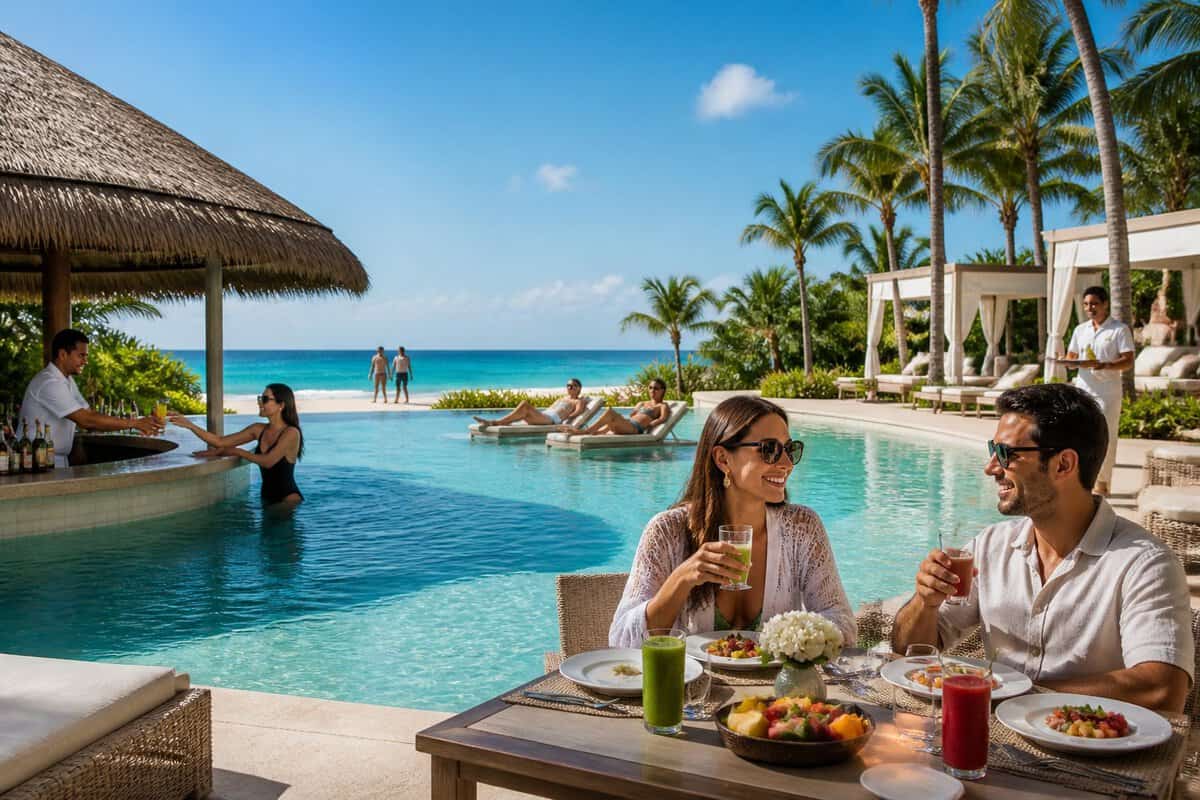Adults relaxing by a turquoise pool at an upscale all-inclusive resort in Cancun.