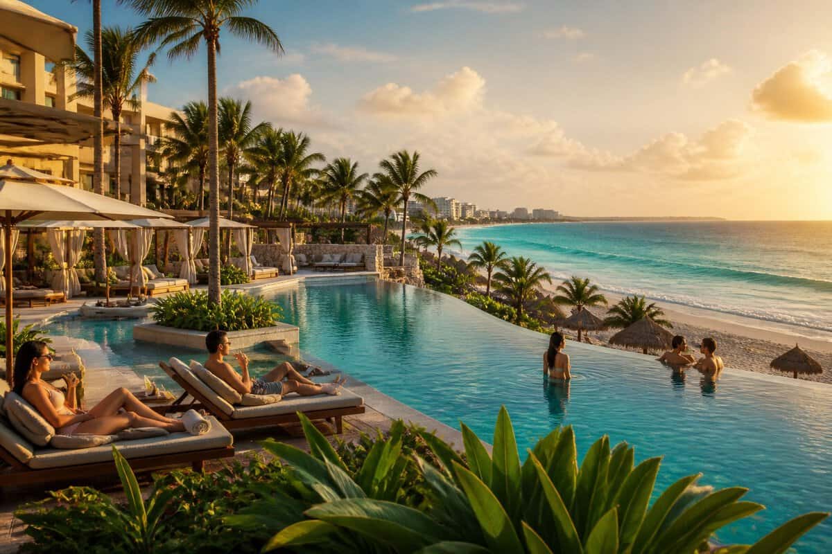 Adults relaxing beside an infinity pool at a tropical beachfront resort in Cancun.