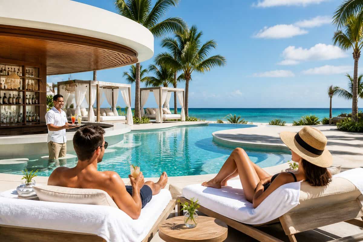 Adults relaxing beside a luxury tropical resort pool overlooking the Caribbean Sea.