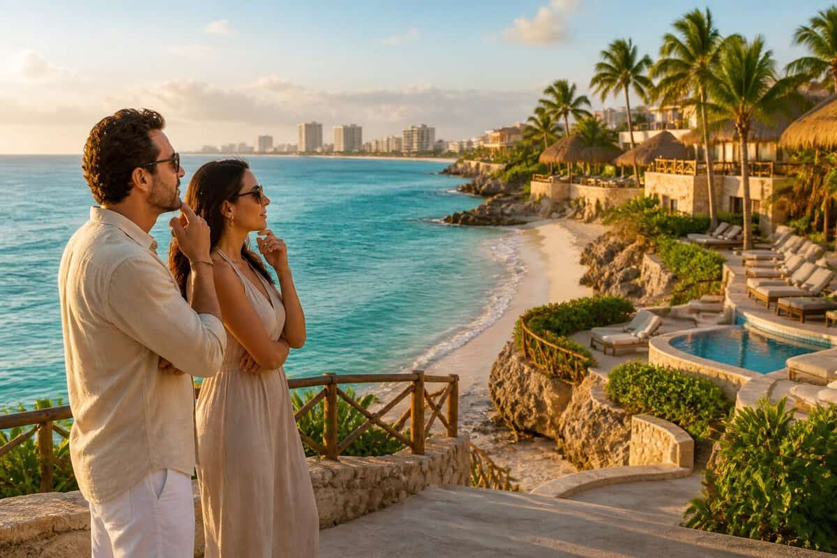 Two adults compare resort options beside a quiet white-sand beach in Cancun.