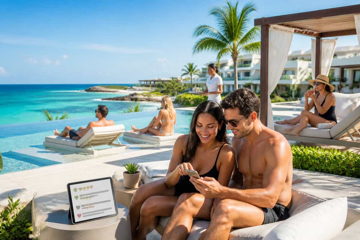 Adults relaxing by an infinity pool at a Cancun beachfront resort while one couple reviews a smartphone.