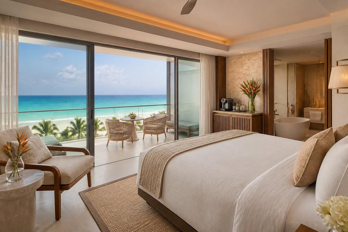 Luxury resort suite with a king bed, private terrace, and panoramic view of the turquoise Caribbean Sea.