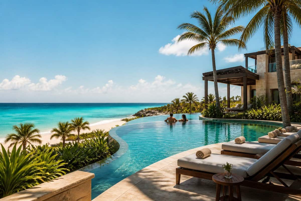 A luxurious adults-only beachfront resort in Cancun with a turquoise sea, infinity pool, palm trees, and two travelers relaxing.