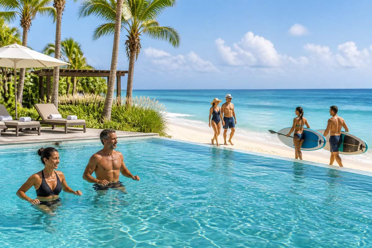 Adults enjoying poolside activities at a tropical beachfront resort in Cancun.