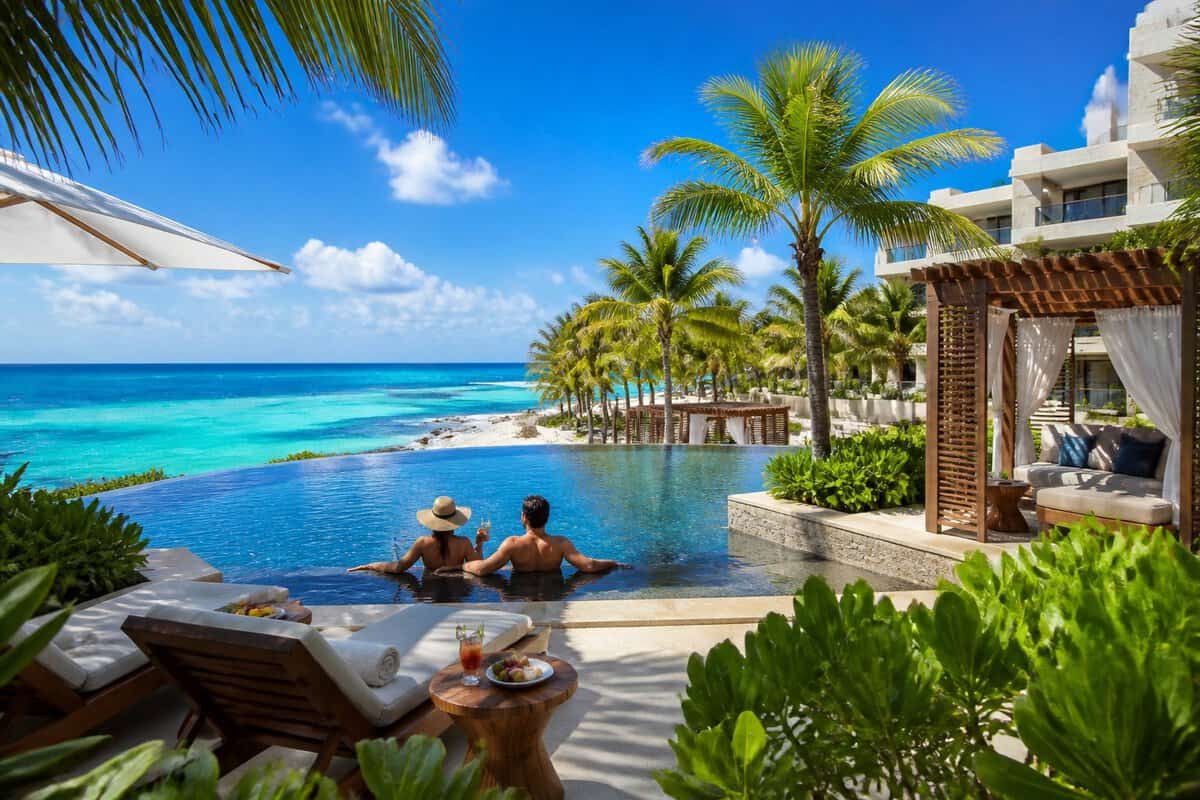 Adults relaxing beside an infinity pool at a tropical beachfront resort in Cancun.