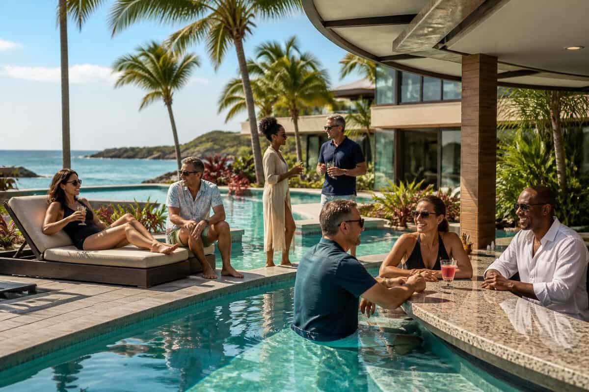 A diverse group of adults socializes beside a luxurious tropical resort pool.