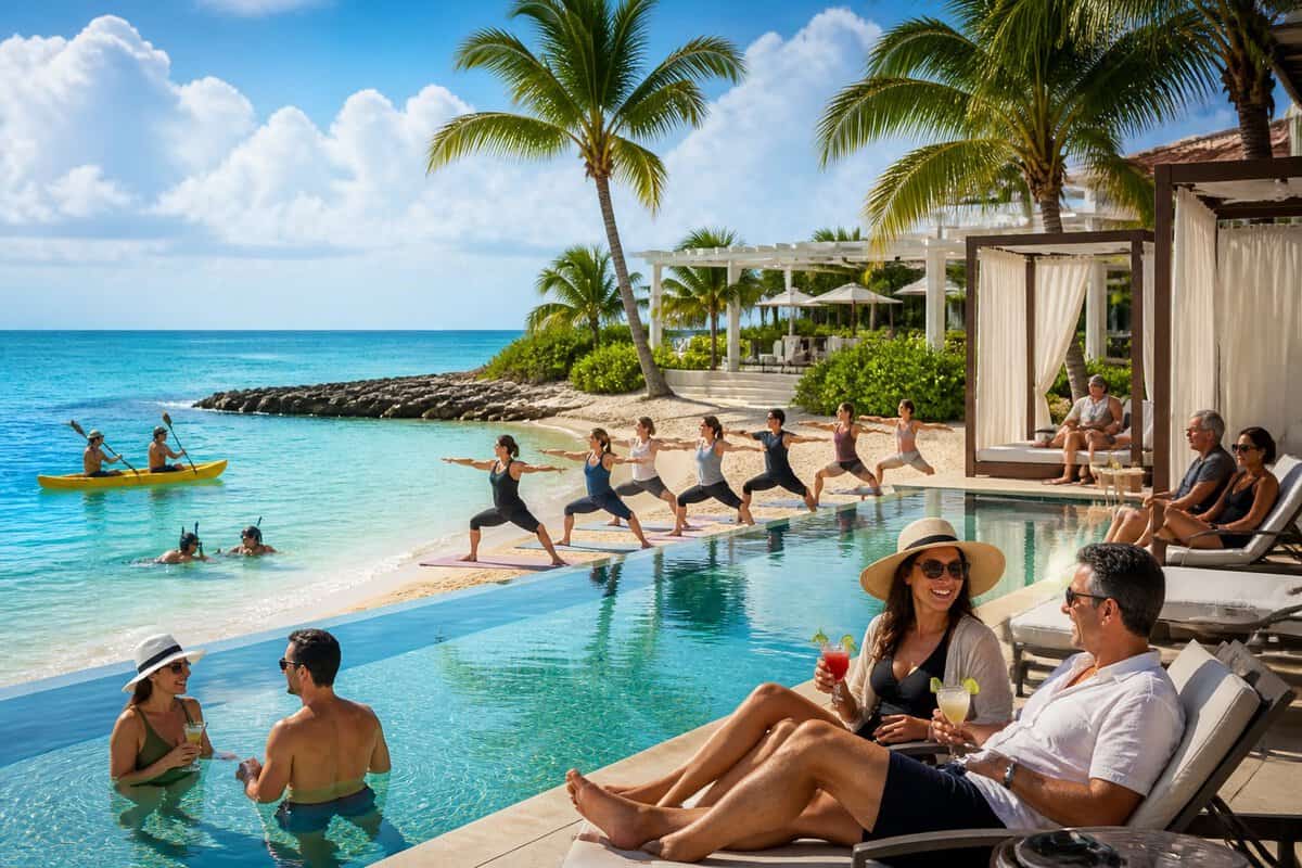Adults enjoying kayaking, snorkeling, beach yoga, and poolside relaxation at a tropical beachfront resort in Cancun.