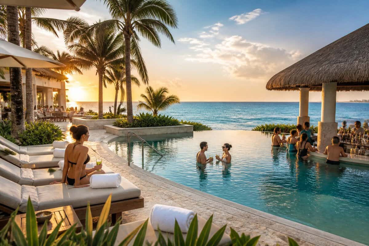 Adults relaxing beside an infinity pool at a tropical Cancun resort overlooking the Caribbean Sea.