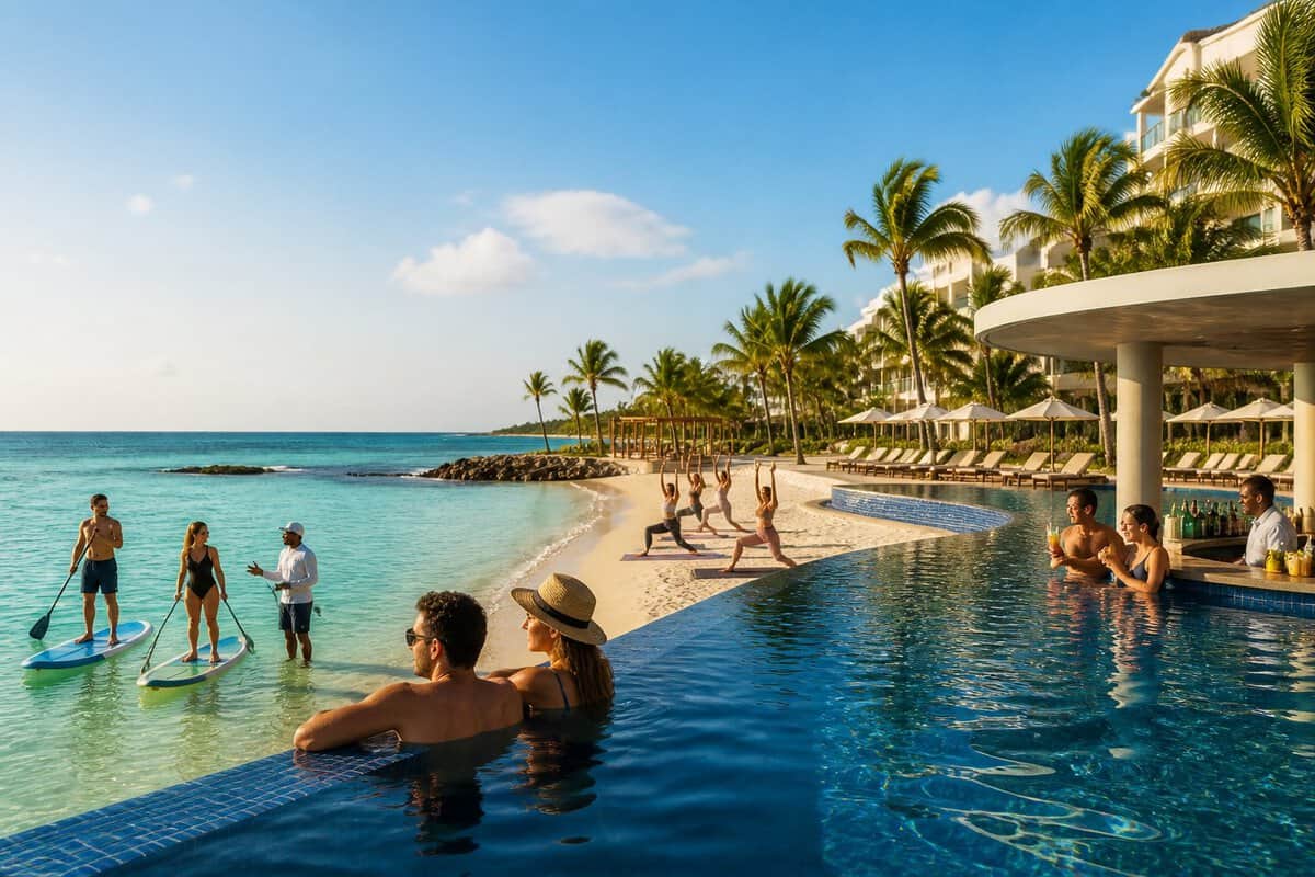 Adults relaxing at a Cancun beach resort while others practice paddleboarding and beach yoga.