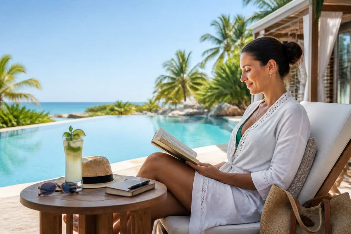 A solo traveler relaxes beside a tropical resort pool with a book and drink.