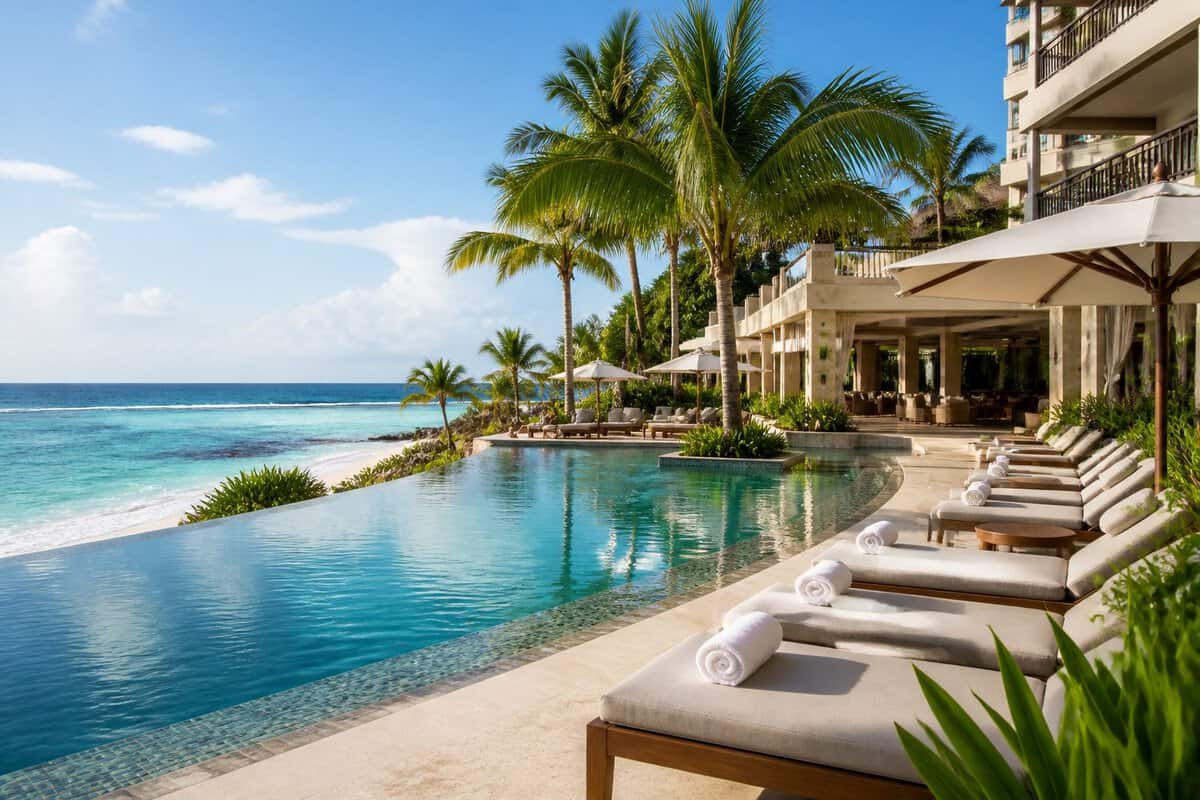 A luxurious adults-only resort with an infinity pool, palm trees, loungers, and turquoise Caribbean water near Cancun.