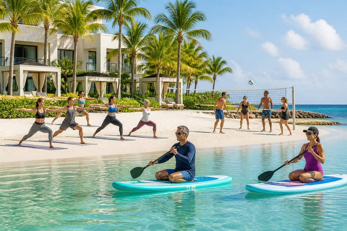 Adults enjoying kayaking, beach yoga, and volleyball at a tropical adults-only resort in Cancun.