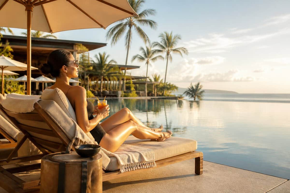 A solo traveler relaxes beside an infinity pool at a tropical adults-only resort.