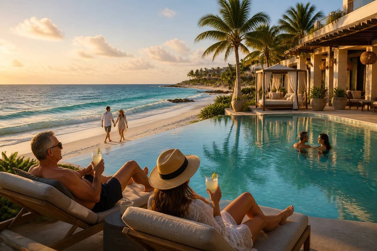 Adults relaxing by a luxury beachfront resort pool overlooking the turquoise Caribbean Sea.