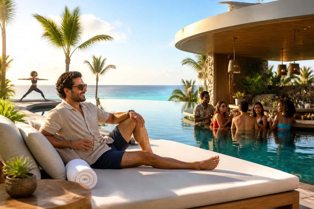 A solo traveler relaxes beside an infinity pool at a luxurious tropical adults-only resort while other guests socialize nearby.