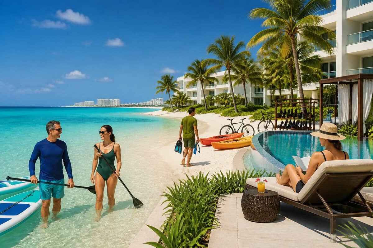 Adult travelers enjoy water sports and poolside relaxation at a beachfront resort in Cancun.