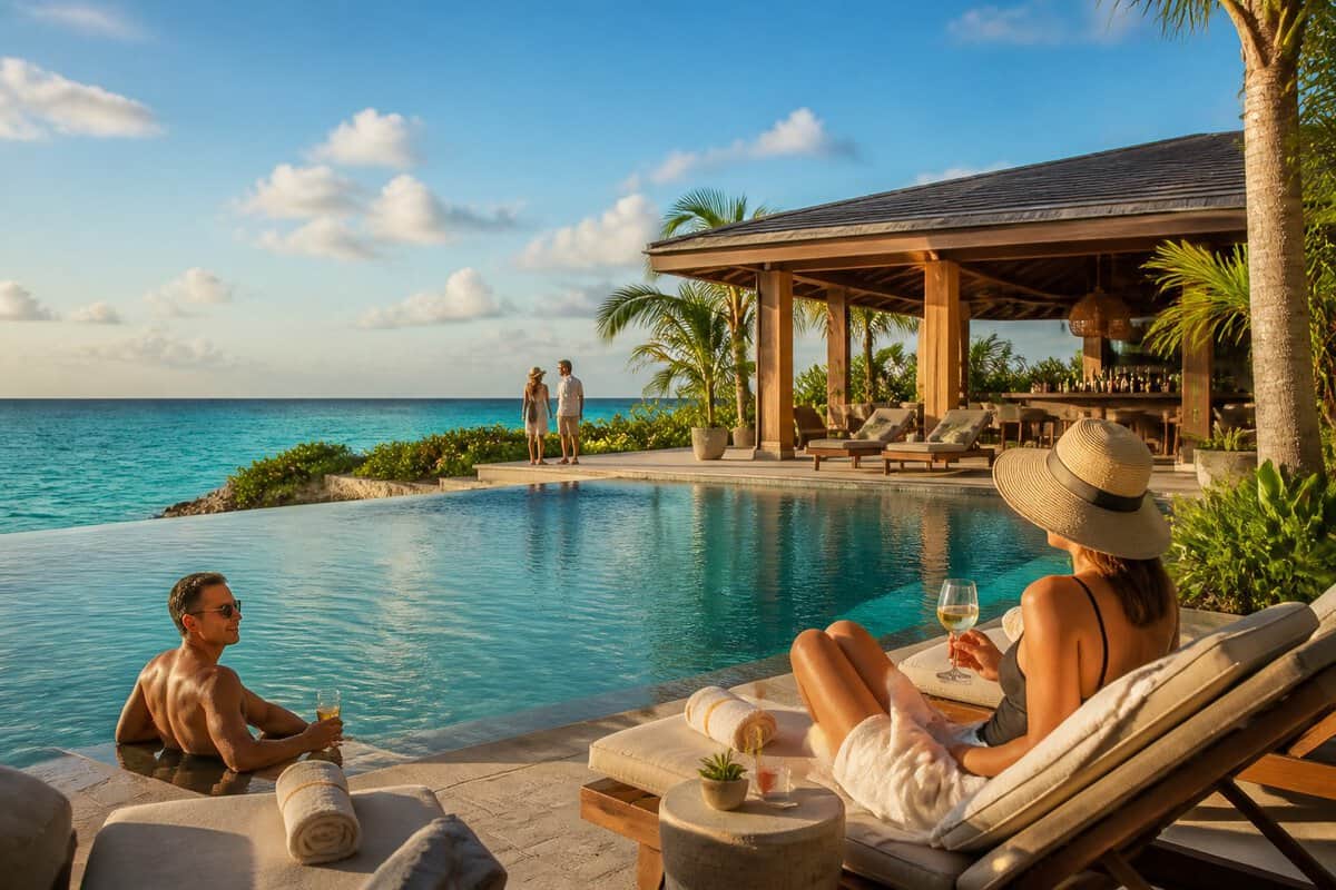 Adults relaxing beside an infinity pool overlooking the turquoise Caribbean Sea at a secluded tropical resort.