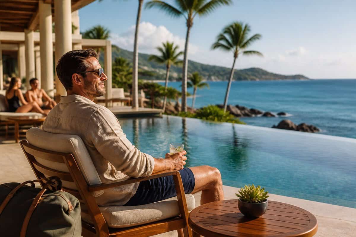 A solo traveler relaxes at an upscale adults-only resort overlooking a tropical coastline.
