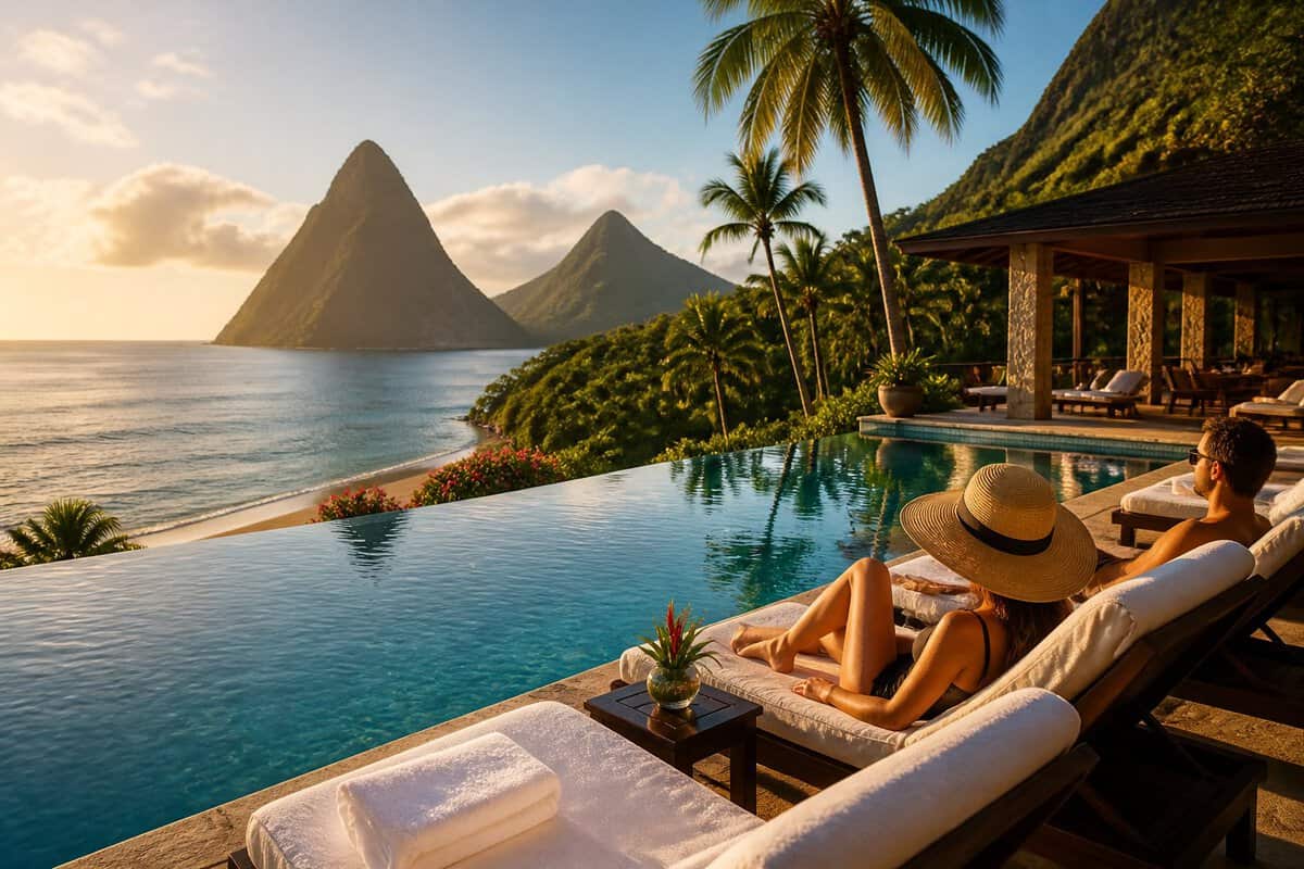 Adults relaxing at a luxury beachfront resort in Saint Lucia with an infinity pool, tropical greenery, Caribbean Sea, and the Pitons in the background.