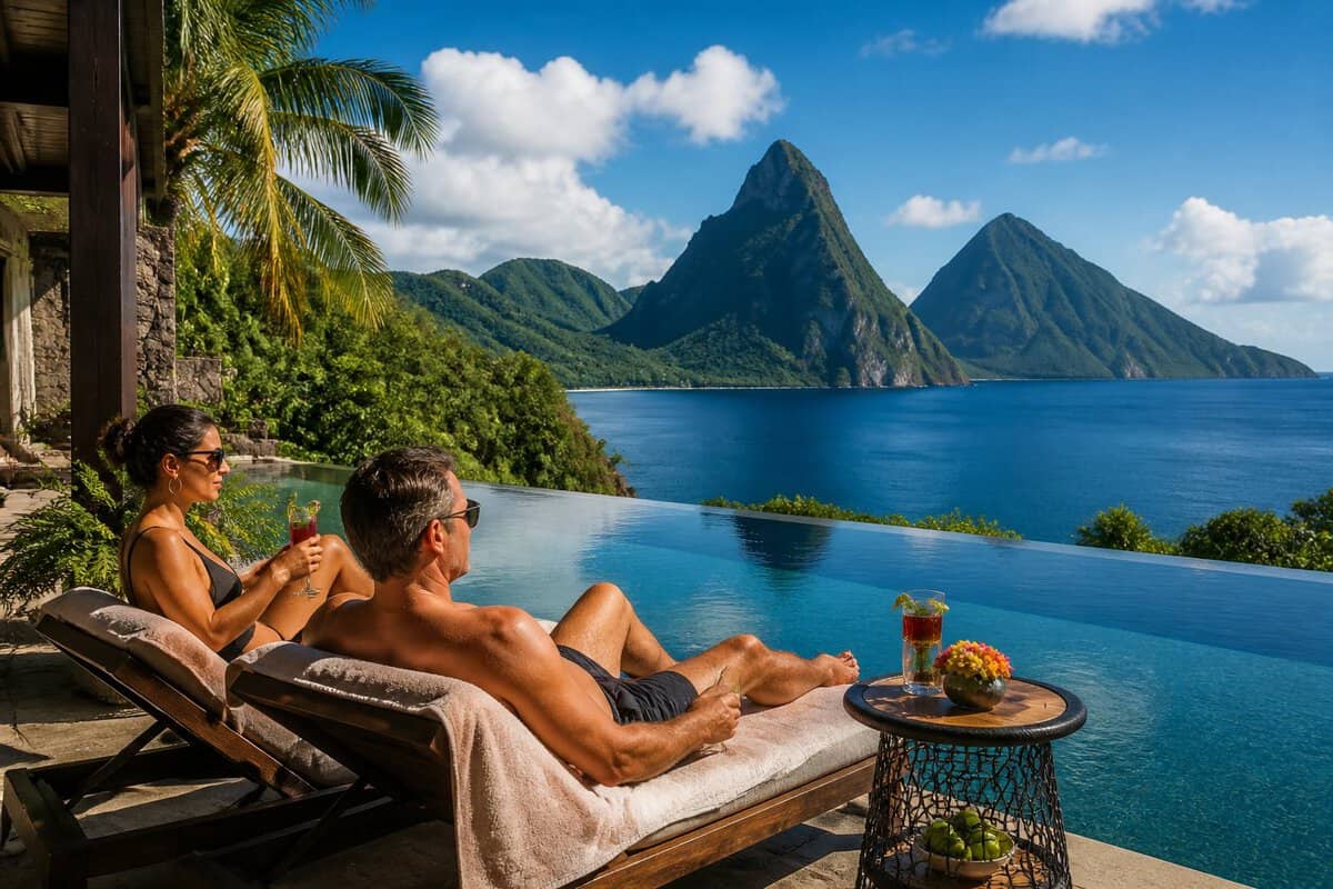 A couple relaxes beside an infinity pool at a tropical Saint Lucia resort with the Pitons in the background.