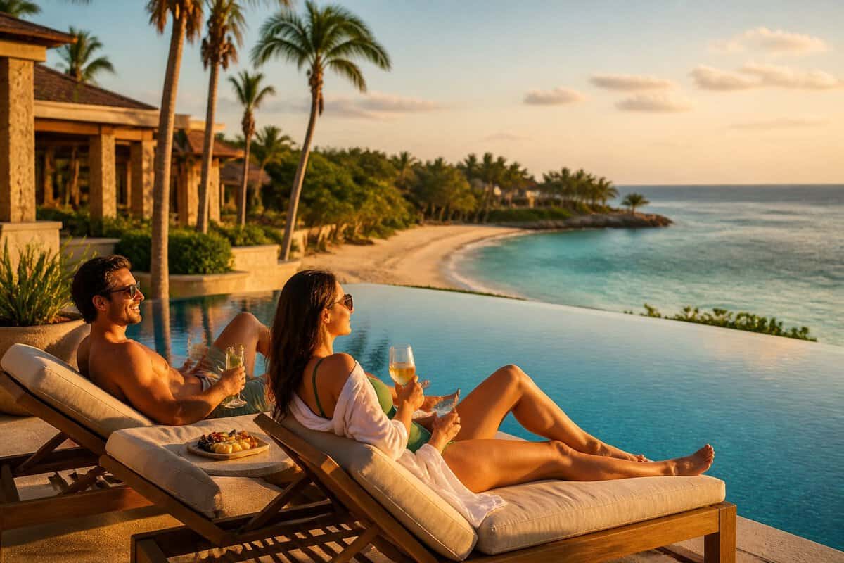 Two adults relax beside an infinity pool at a tropical Jamaican beachfront resort.