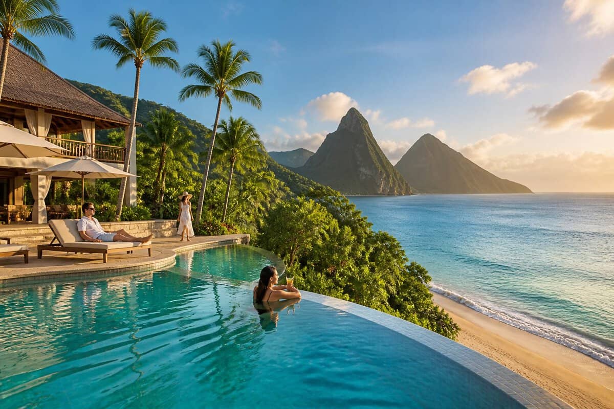 Adults relaxing at a luxury resort pool overlooking a tropical beach and green hills in Saint Lucia.