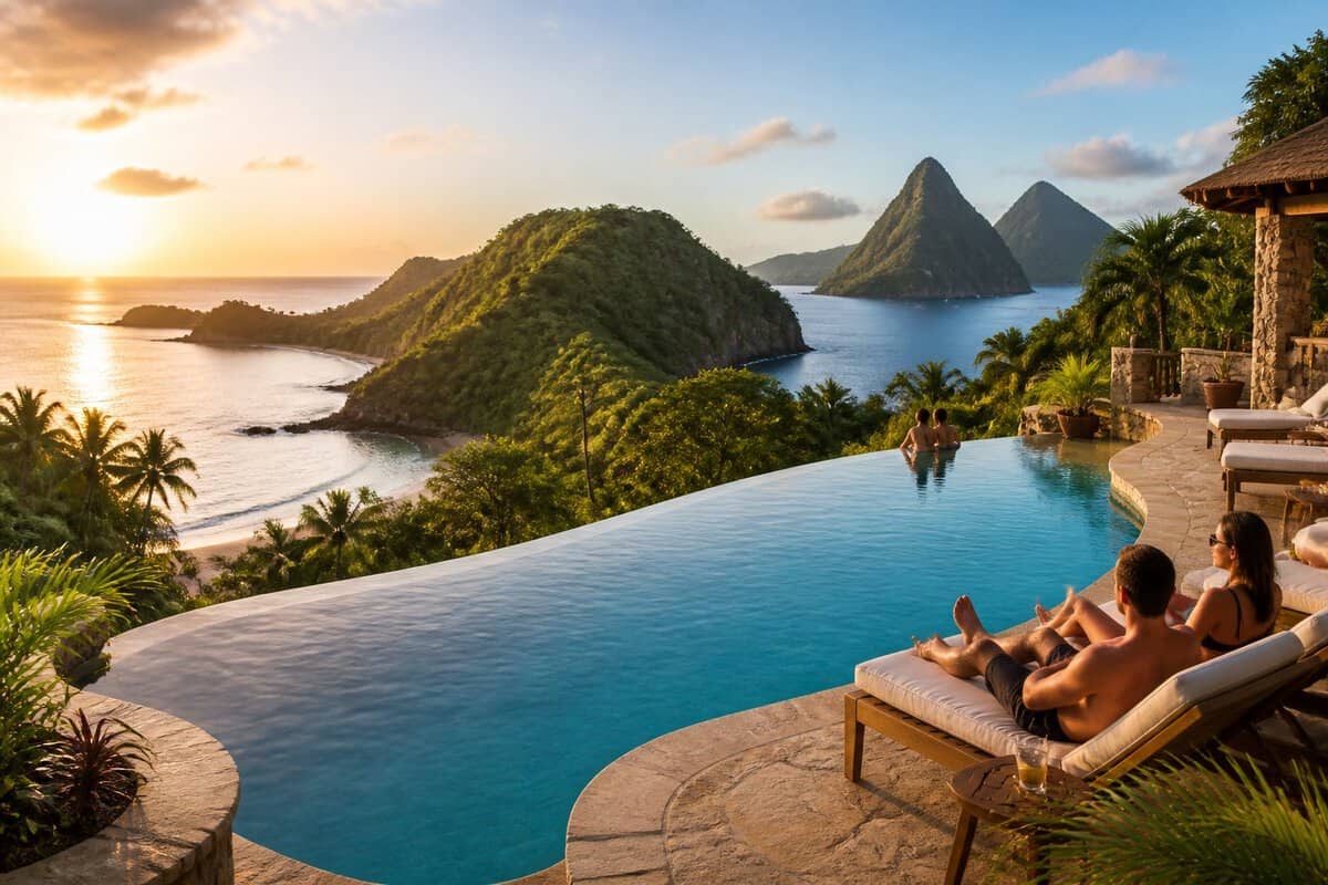 Adults relaxing at a tropical resort overlooking Saint Lucia’s lush coastline, volcanic hills, and turquoise Caribbean sea.