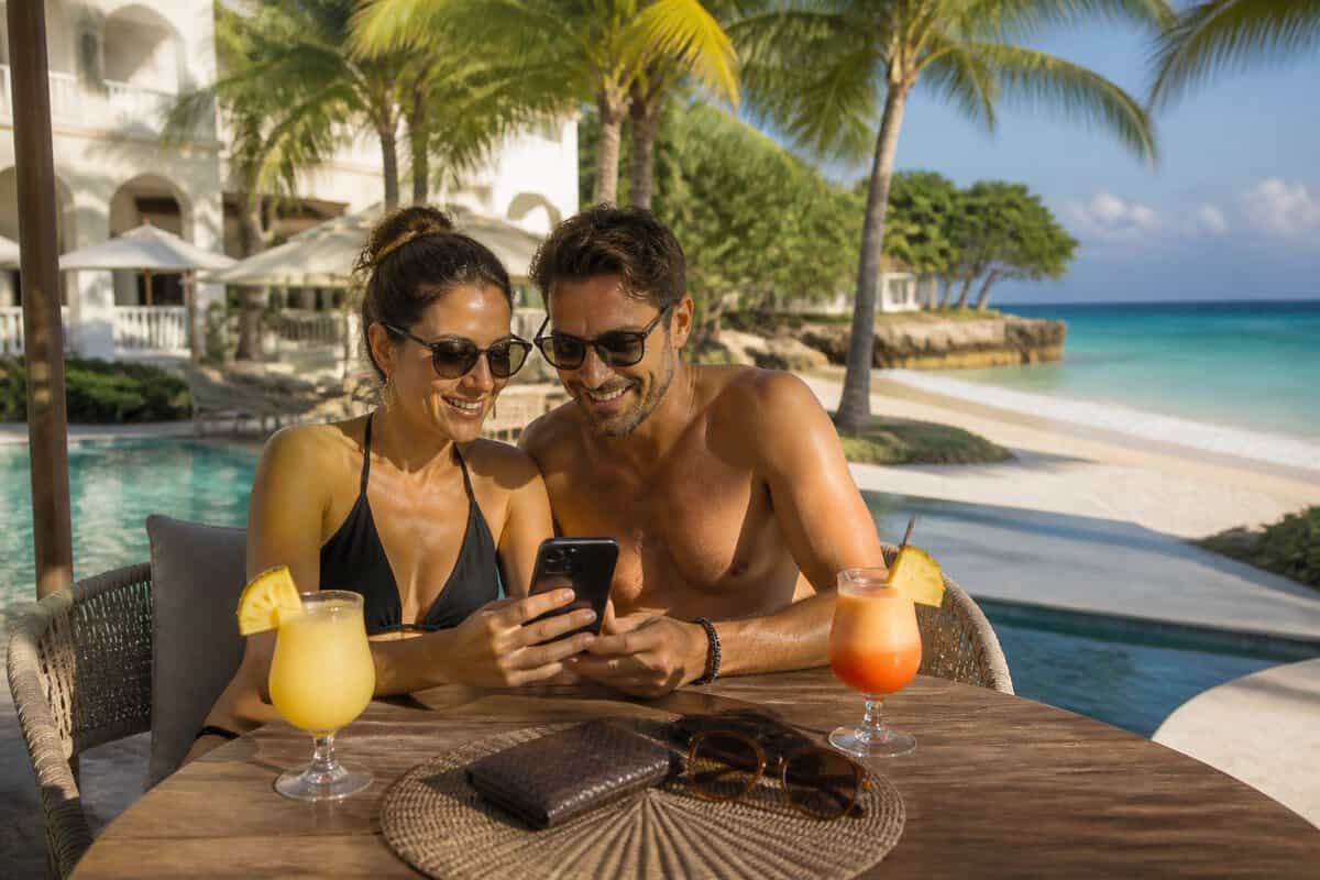 An adult couple relaxes at a Jamaican beachfront resort beside a tropical pool.