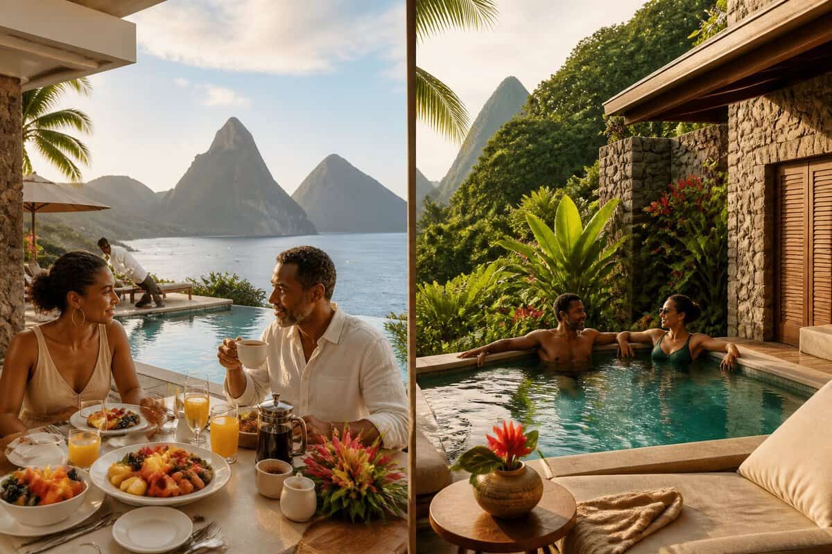 A couple compares an inclusive beachfront resort setting with a private boutique retreat in tropical Saint Lucia.