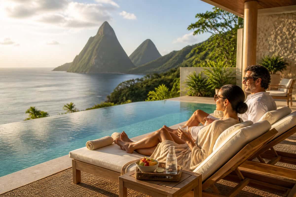 A couple relaxes beside an infinity pool at a Saint Lucia resort overlooking the sea and green mountains.