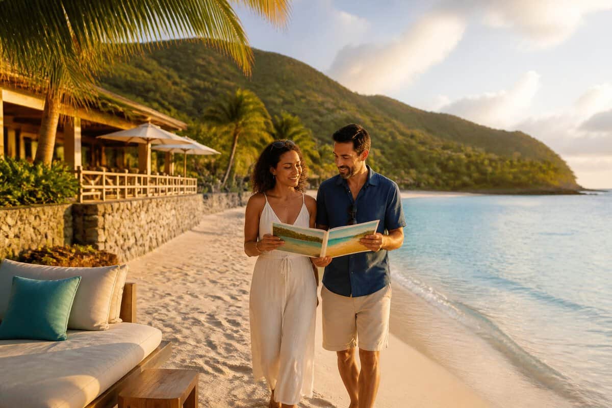 A couple walks along a quiet Jamaican beach beside a tropical adults-only resort.