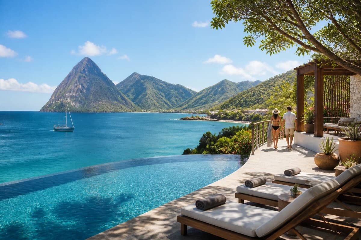 An upscale adults-only resort overlooking a turquoise Caribbean bay, with tropical mountains and two guests near the infinity pool.