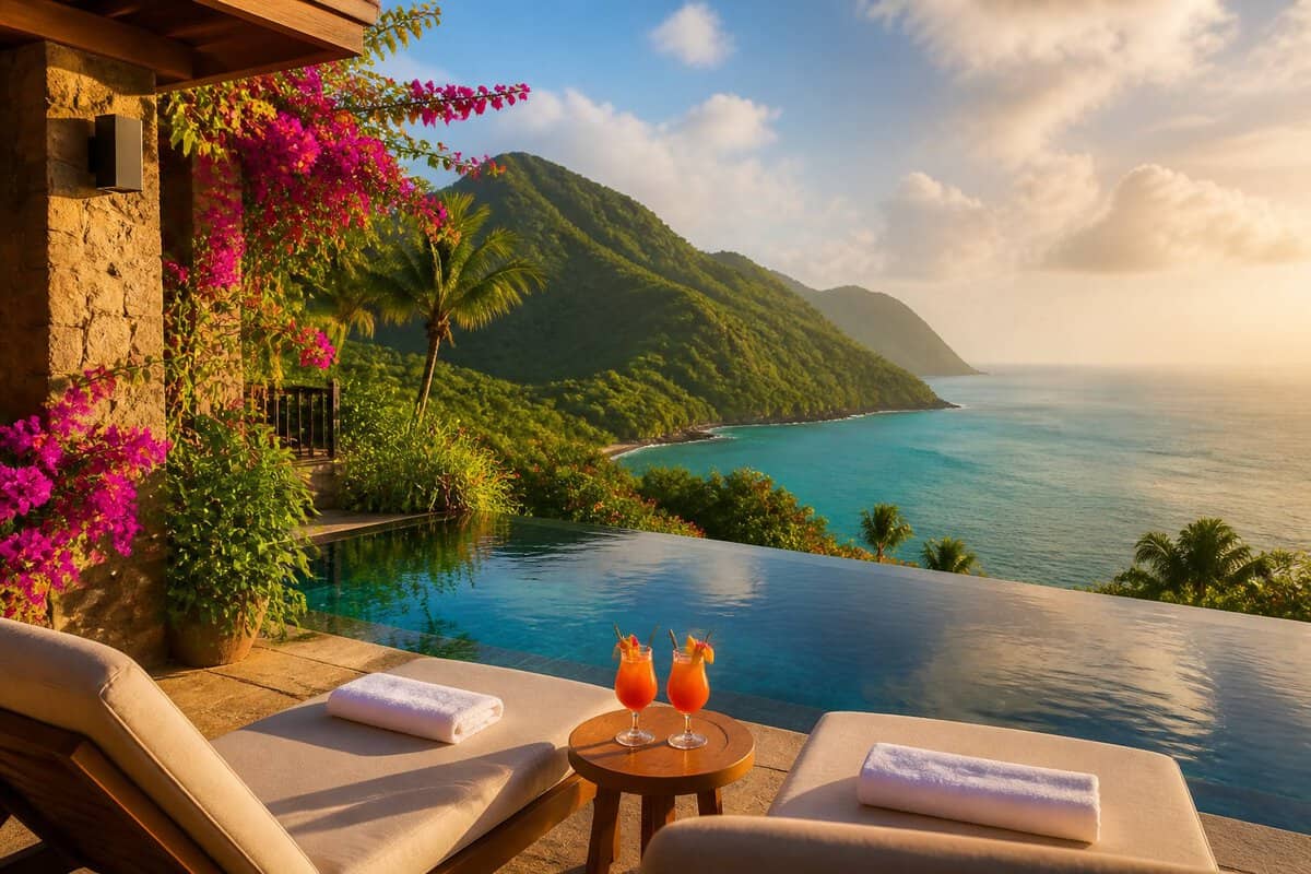 A secluded luxury resort pool overlooking the turquoise Caribbean Sea and green mountains in Saint Lucia.