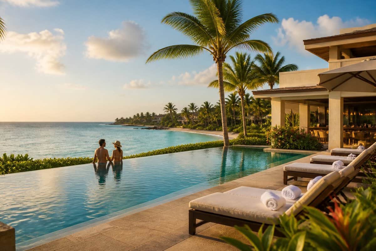 A couple relaxes beside an infinity pool at a tropical Jamaican beach resort.