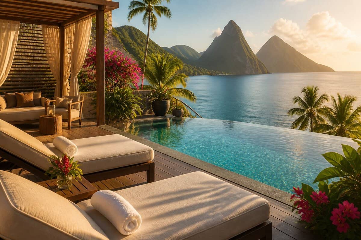 A serene adults-only resort lounge beside an infinity pool overlooking the turquoise sea and green mountains of Saint Lucia.
