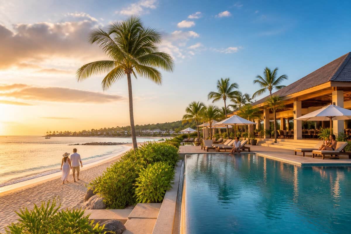 An upscale adults-only beachfront resort with palm trees, an infinity pool, loungers, and turquoise Caribbean water at sunset.