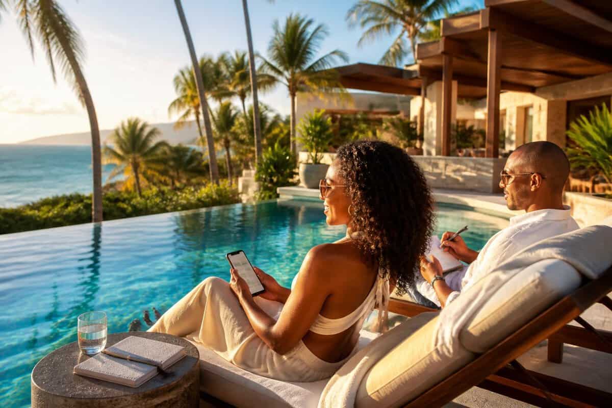 Two adults relax beside an infinity pool at a tropical Jamaican resort overlooking the sea.
