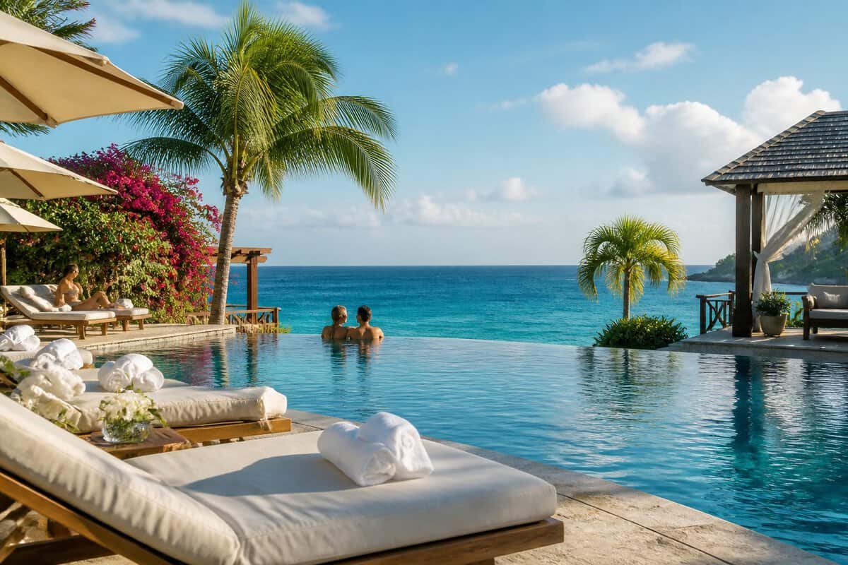 An adults-only tropical resort pool overlooks the turquoise Caribbean Sea, surrounded by palm trees and lush gardens.