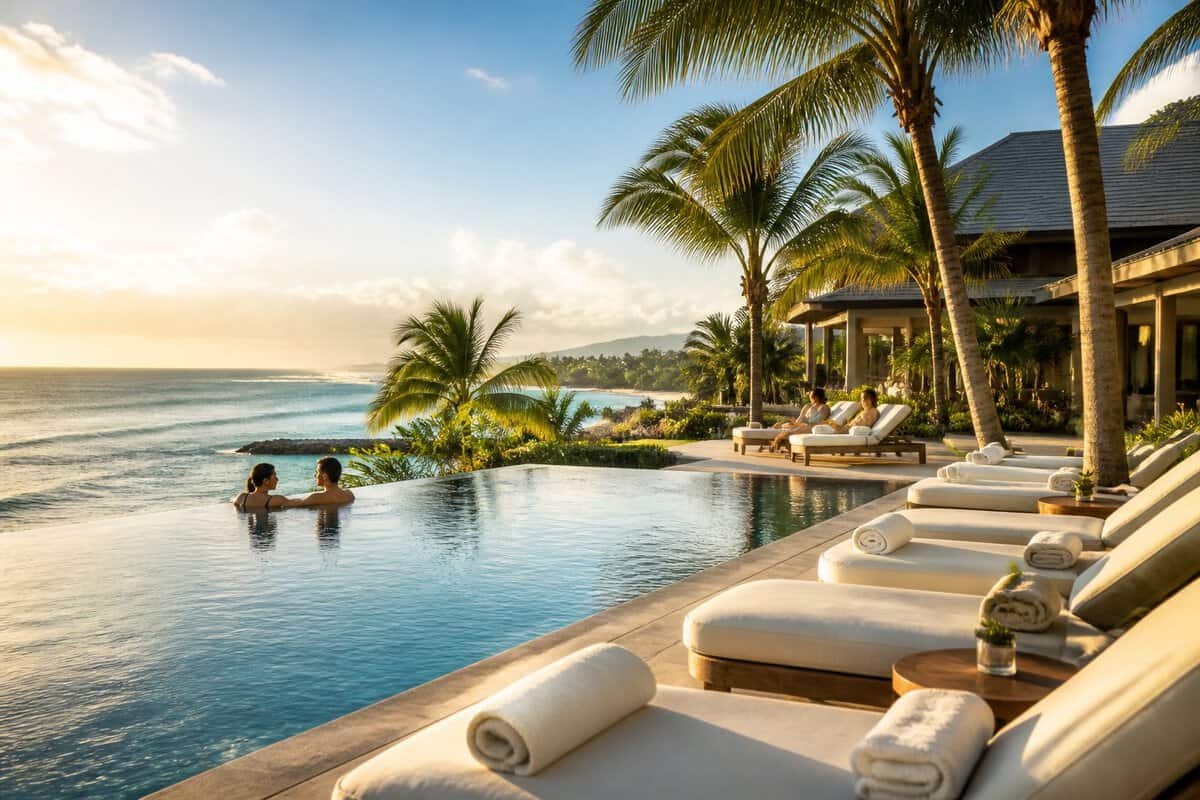 Adults relaxing at a luxurious beachfront resort in Jamaica beside a pool overlooking the turquoise Caribbean Sea.