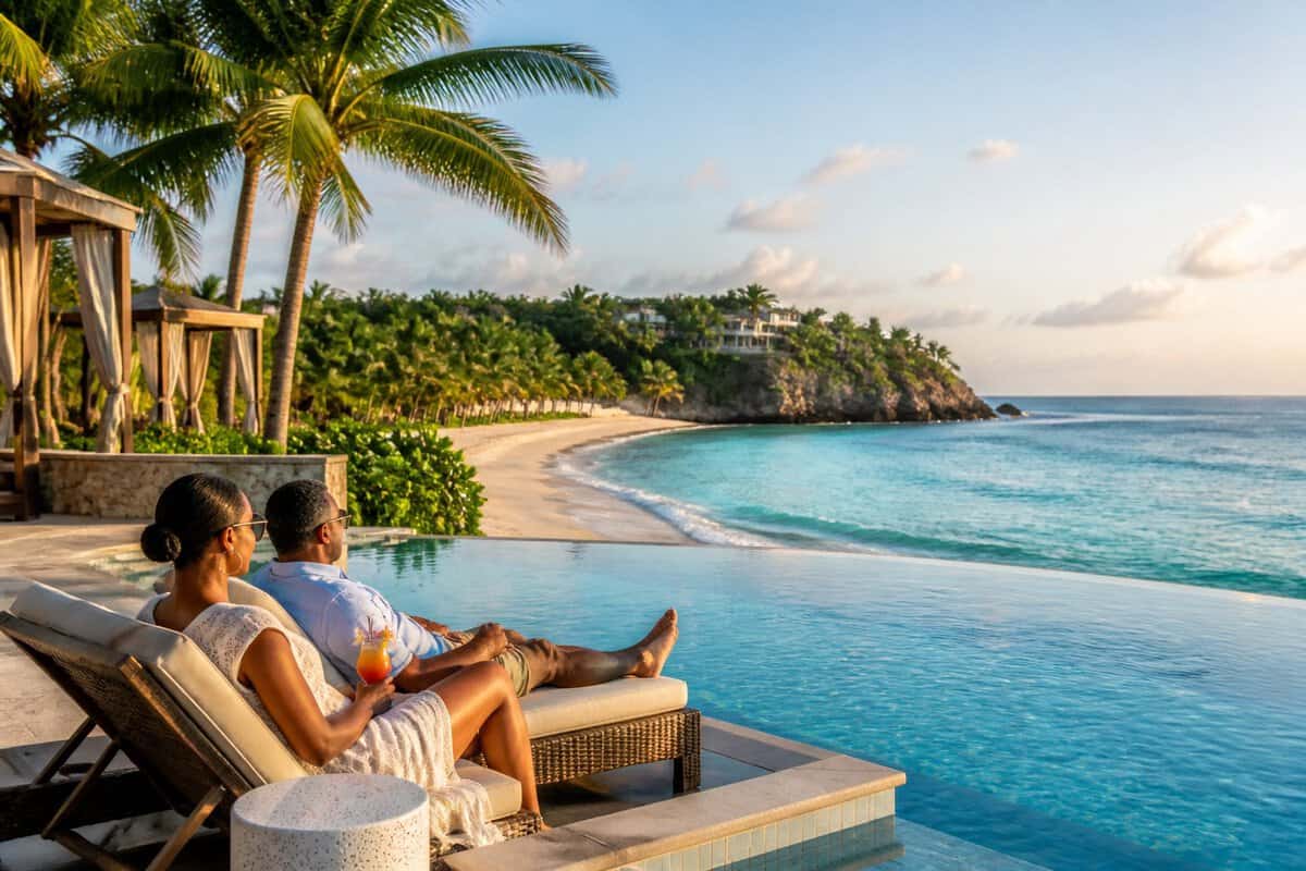 Couple relaxing beside an adults-only Caribbean resort pool overlooking Jamaica’s tropical coastline.