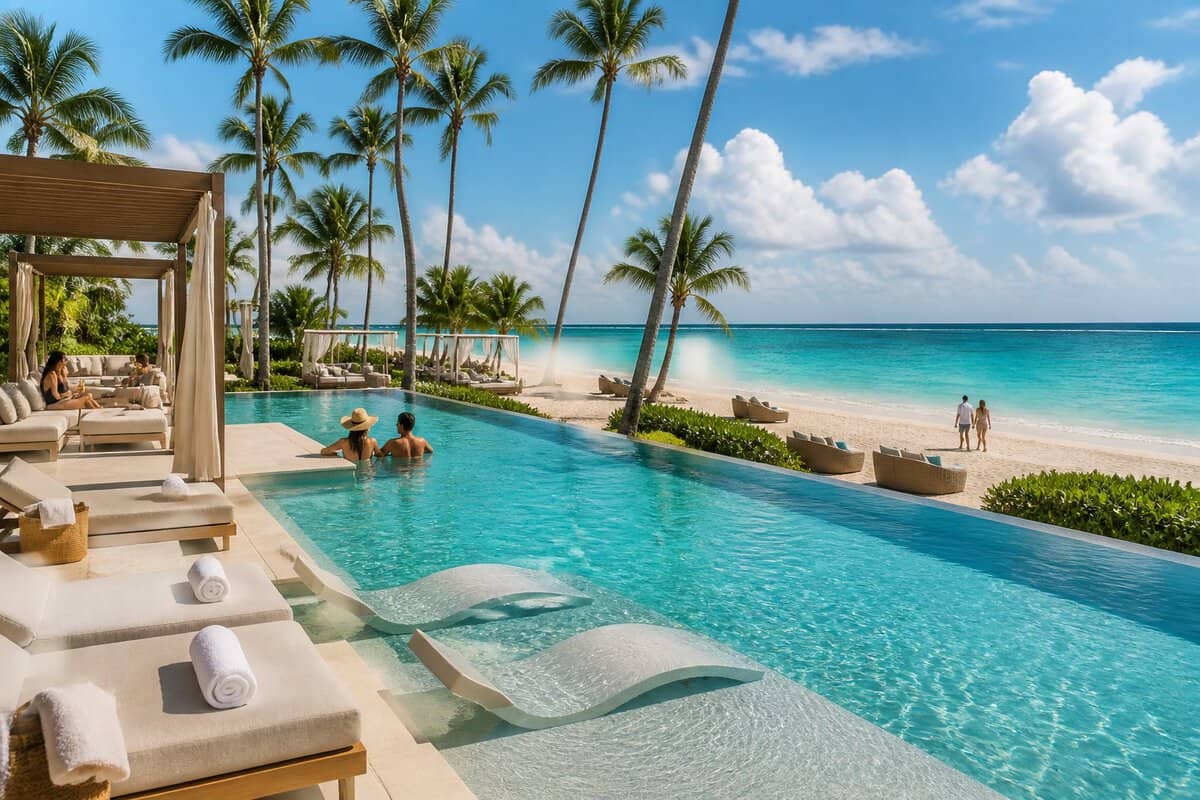 Adults relaxing at a luxurious Punta Cana resort pool beside a tropical beach and turquoise Caribbean water.