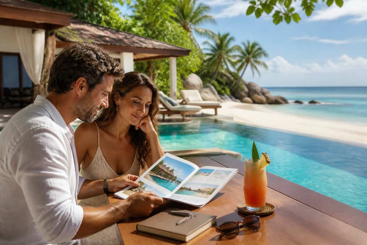 A couple compares resort options at a table overlooking a tropical Jamaican beach.