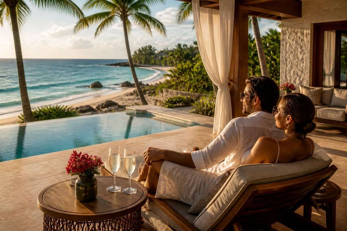 A couple relaxes on a luxurious oceanfront resort terrace overlooking the turquoise Caribbean Sea.