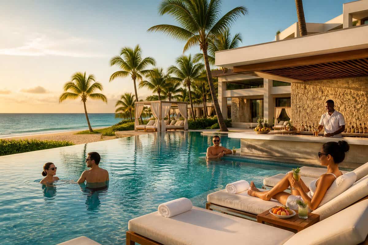 Adults relaxing beside an infinity pool at a tropical beachfront resort overlooking the Caribbean Sea.