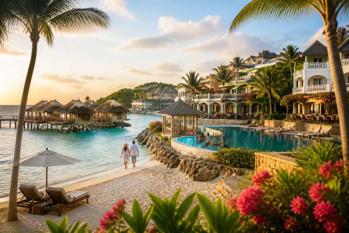 Adults relaxing at a luxurious tropical resort beside a turquoise Caribbean beach in Jamaica.