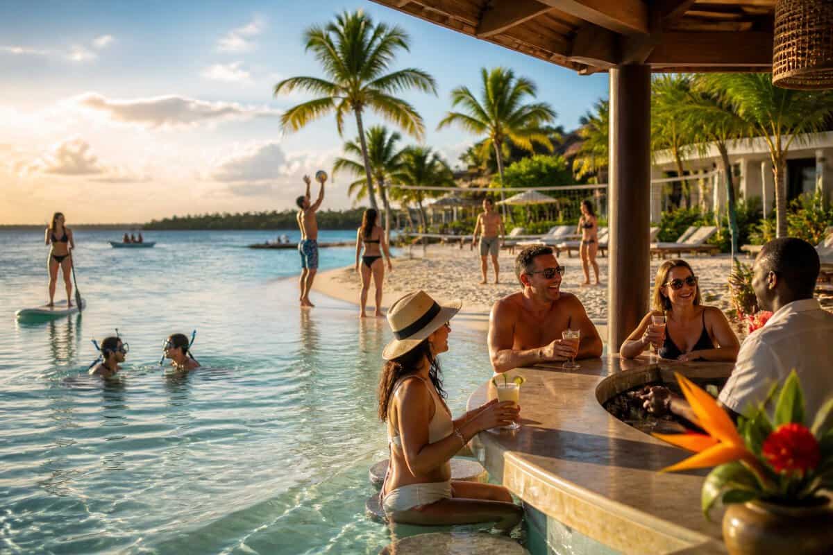 Adults enjoying a lively upscale beach resort in Jamaica with turquoise water, tropical palms, and recreational activities.