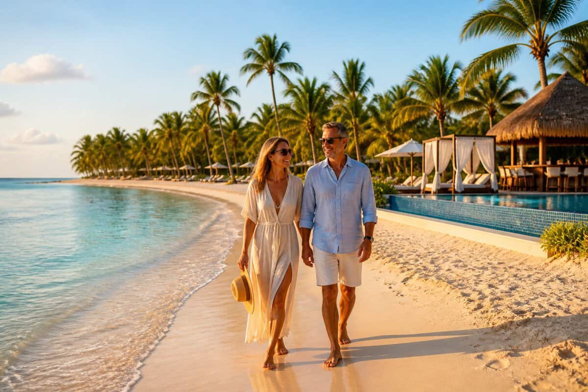 Adults relaxing on a pristine Punta Cana beach near a luxurious adults-only resort.