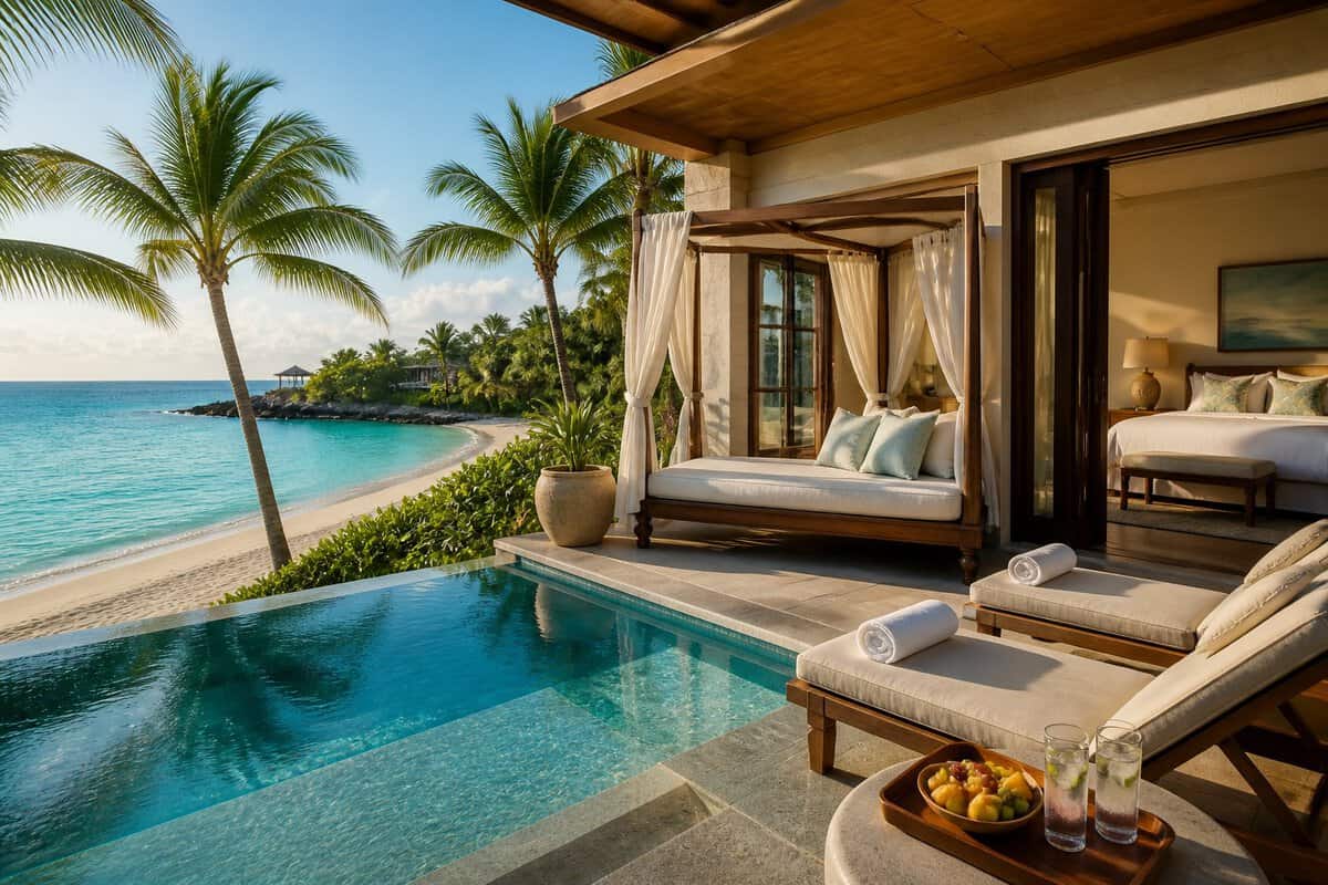 A luxurious oceanfront resort suite terrace with a private plunge pool overlooking Jamaica’s turquoise Caribbean coast.